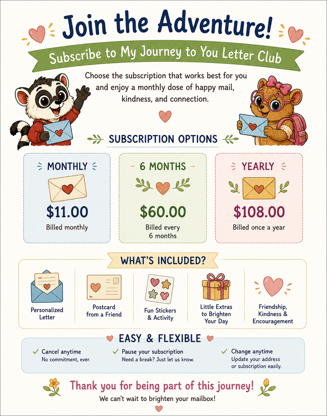 The Kids Club: a monthly mail adventure for ages 4 to 8. Stories, activities, and little surprises that make checking the mail the best part of the week.